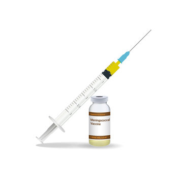 Immunization, Meningococcal Vaccine Syringe With Yellow Vaccine, Vial Of Medicine Isolated On A White Background. Vector Illustration. Vaccination Healthcare Concept.