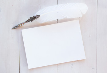 Blank album sheet for your text, copy past and mock up for your romantic and poetry design. Vintage feather, old style, writing materials - obrazy, fototapety, plakaty