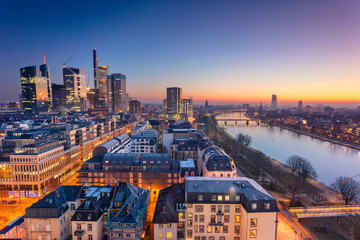 Frankfurt am Main, Germany. Aerial cityscape image of Frankfurt am Main skyline during beautiful sunrise. - obrazy, fototapety, plakaty