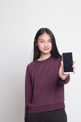 Naklejka premium Young Asian woman with mobile phone.