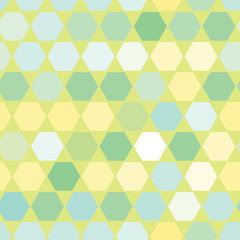 Fototapeta premium Vector of seamless pattern with simple hexagonal geometrical figures colored in light lime color. Design for textile, fabric, decoration, wallpaper, wrapping, scrapbook, packaging or background