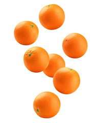Falling orange isolated on white background, clipping path, full depth of field