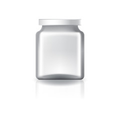 Blank clear square jar with white lid for supplements or food product. Isolated on white background with reflection shadow. Ready to use for package design. Vector illustration.