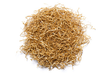 Obraz premium Golden shredded paper for gifting, shipping and stuffing on white background. Top view.