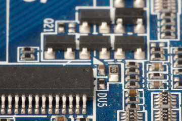 Electronic components are mounted on the device board