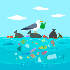 Bird seagull stands on a pile of garbage in the open ocean. concept of world warming and pollution of the seas and oceans. vector