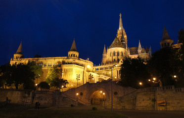 Night view of Fisherman's Bastion and Matthias church, Budapest, Hungary