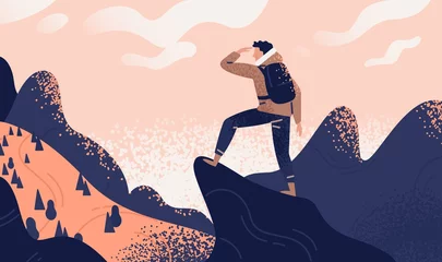 Poster Man with backpack, traveller or explorer standing on top of mountain or cliff and looking on valley. Concept of discovery, exploration, hiking, adventure tourism and travel. Flat vector illustration. © Good Studio