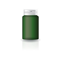 Green cylinder supplements or medicine bottle with cap lid for beauty or healthy product. Isolated on white background with reflection shadow. Ready to use for package design. Vector illustration.