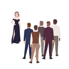 Gorgeous woman in evening dress standing in front of group of men dressed in formal clothing