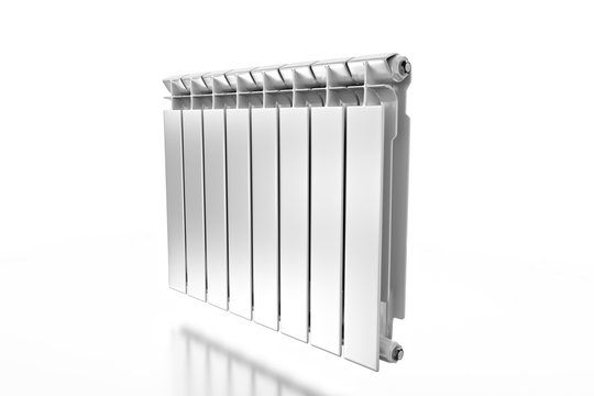 3D rendering. Central heating radiator with many sections. White heating radiator on white background.