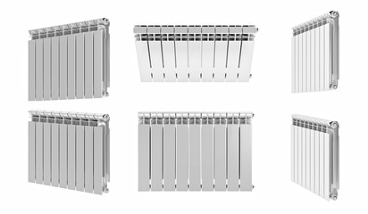 3D rendering. Central heating radiators with many sections. Many white heating radiators on white background.