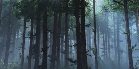 Forest in the fog, haze in the forest, smoking forest, trees in the morning in the fog, panorama of the smoking forest