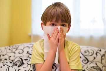 Young preschooler using a tissue after a cold or having rhinitis allergies