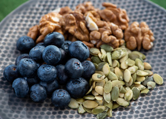 Blueberries, walnuts and pumpkin seeds.