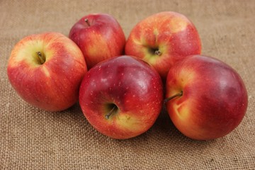 Red apples are on the piece of burlap