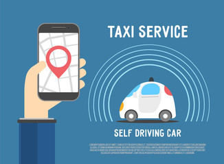 Autonomous self-driving automobile. Hand holding smartphone with application for taxi service with map and geo pin. Sensors smart car. Driverless vehicle vector illustration.