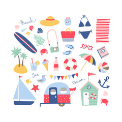  Summer beach collection in blue, pink and red colors.