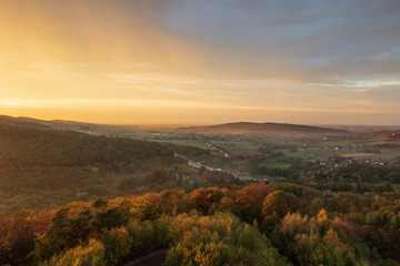 Sunset over village Steinbergen in Germany