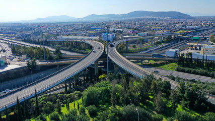 Fototapeta premium Aerial drone photo of highway multilevel junction interchange crossing road 