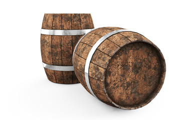 Wooden barrel with iron hoops isolated on white background. 3d rendering. Old barrel with rust on...