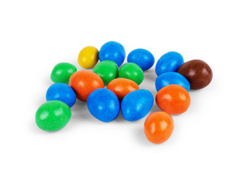 Peanuts in a multi-colored chocolate on a white background