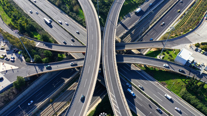 Aerial drone photo of highway multilevel junction interchange crossing road  - obrazy, fototapety, plakaty