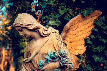 A fragment of ancient sculpture angel in a golden glow in the old cemetery. Symbol of love,...