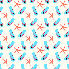 Flip flop print pattern. Seamless pattern with cute colorful sandalsand starfish.
