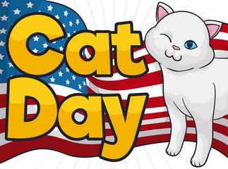 Patriotic Cat over American Flag Celebrating the Cat Day, Vector Illustration