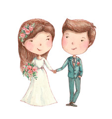 bride and groom smiling with flowers watercolor illustration