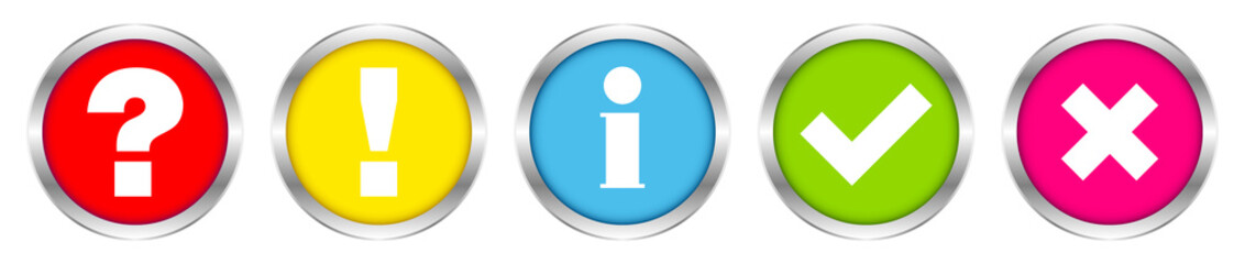 Buttons Set Frage/Antwort/Information/Häkchen/Kreuz Silber