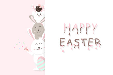 Easter card, happy greeting holiday, dessert decoration celebrate party poster, adorable rabbit with eggs pink pastel concept, cute bunny cartoon invitation vector illustration