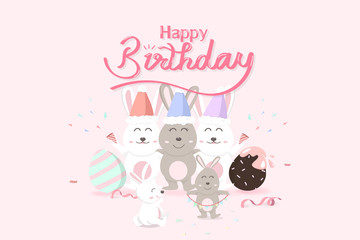 Birthday Easter, happy greeting card holiday, confetti decoration celebrate party poster, adorable rabbit with eggs, cute bunny cartoon invitation vector illustration