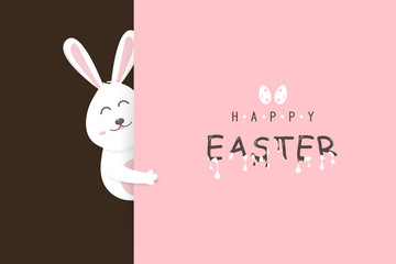 Happy Easter greeting card holiday, cute rabbit and liquid text sweet dessert, poster, paper cover, pink and chocolate concept, invitation vector illustration