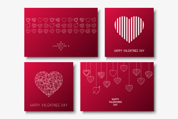Collection of vector Happy Valentines Day cards - hand drawn design. Beautiful red backgrounds.