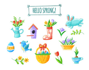 Hello spring hand drawn element collection - cute flowers, bird, bunny, easter eggs, watering can, nesting box, seasonal illustrations. Isolated on white background 