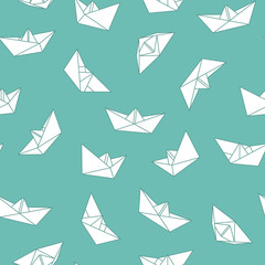 Vector seamless origami pattern with drawing paper boats. Decorative green background 