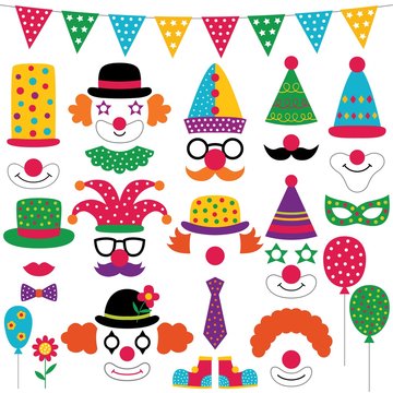 Circus party clown photo booth props, isolated elements set