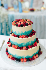beautiful huge wedding cake with flowers and fruits