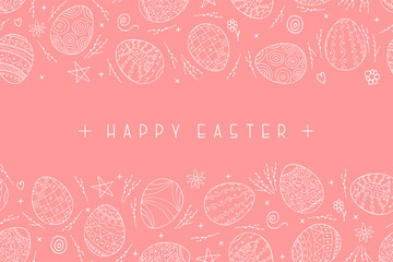 Happy easter pink background with ornamental eggs - hand drawn design. Vector holiday card, postcard, banner, poster