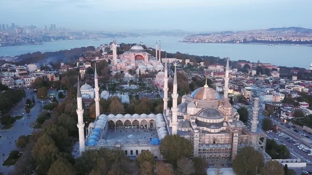 Aerial Istanbul Blue Mosque, Hagia Sophia and Bosphorus Sea in the background. Istanbul City the beautiful, one of the best way to discover it is through its wonderful panoramic view