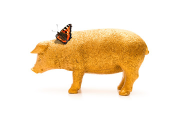 Schwein mit Kleeblatt und Schmetterling