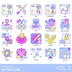 Esports icons including buff, carry, nerf, overpowered, meta, noob, GG, rekt, game developer, publisher, PVE, AoE, cooldown, farming, DRM, badge, co-op, crafting, DLC, inventory.