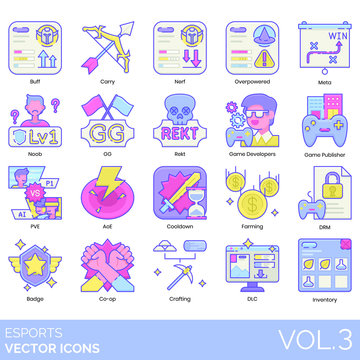 Esports icons including buff, carry, nerf, overpowered, meta, noob, GG, rekt, game developer, publisher, PVE, AoE, cooldown, farming, DRM, badge, co-op, crafting, DLC, inventory.
