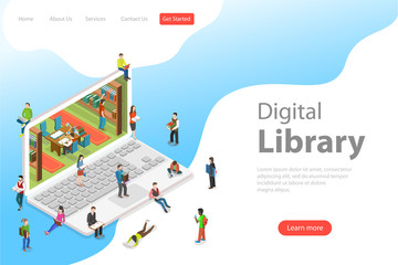 Fototapeta na wymiar Isometric flat vector landing page template of online library, education, reading, learning online.