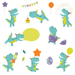 Cute Little Funny Colorful Cartoon T Rex Dinosaur Birthday Party Set Flat Color Vector Illustration  Isolated on White