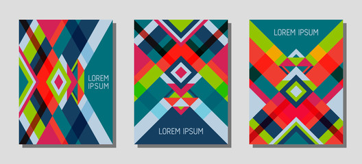 Cover page layout vector template geometric design with triangles and stripes pattern.