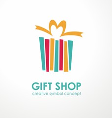 Gift shop creative logo design idea. Gift box vector symbol illustration. Emblem with decorative ribbon. Icon design.