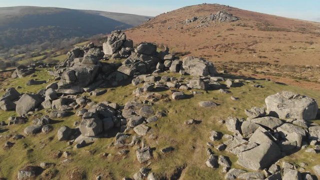 Aerial drone view of granite rock formations of Dartmoor, Devon UK